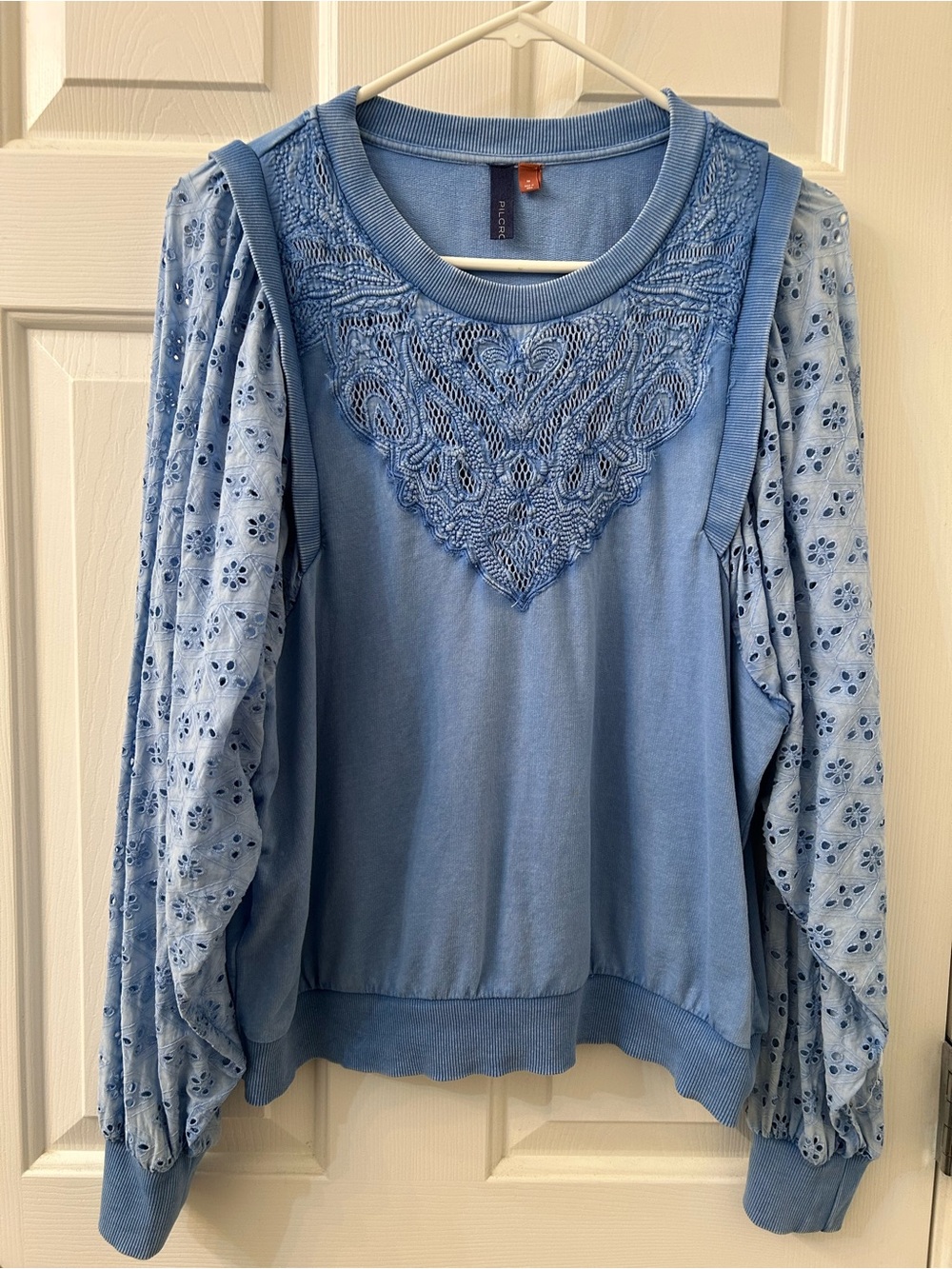 Pilcro Light Blue Embroidered Eyelet Sleeve Sweatshirt